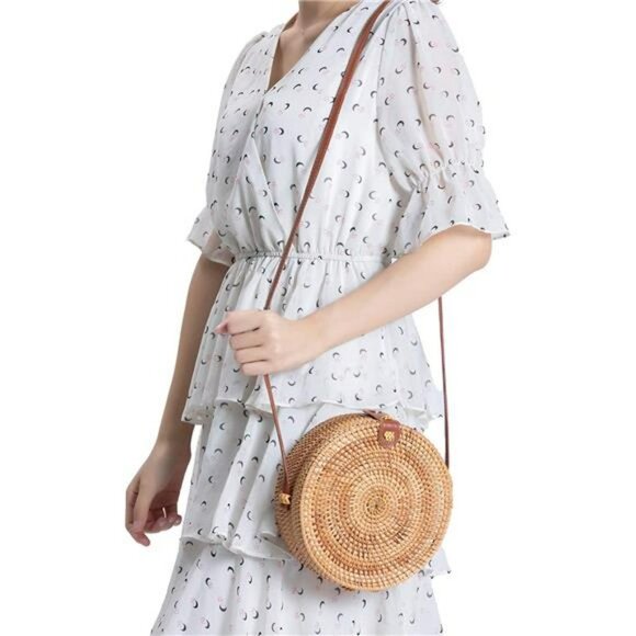 Handwoven Round Rattan Bag Shoulder Leather Straps Natural Chic Hand - Picture 3 of 6